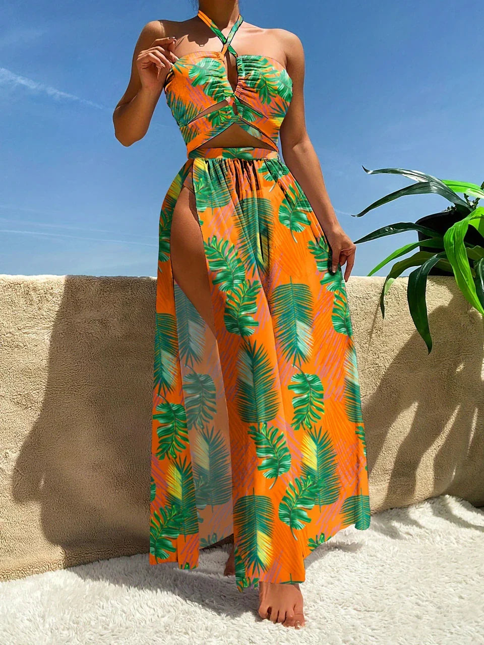 3 Pieces Tie Dye Cross Bikini 2025 Women Sexy Halter Swimsuit & Cover Up Pants Swimwear Bathers Bathing Swimming Suit Beachwear