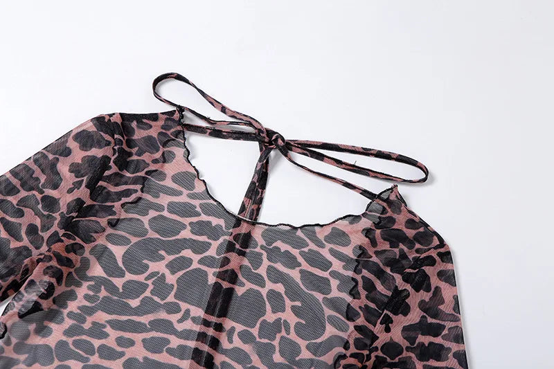 Combhasaki Women‘s Summer Mesh Leopard See-throug Tie-up Backless Mini Dress Flare Long Sleeve Beach Vacation Cover-ups Sundress