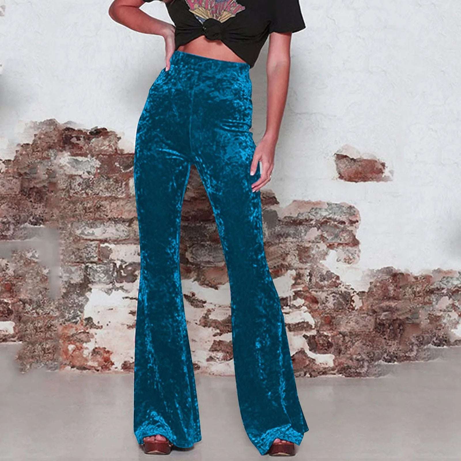 Women Golden Velvet Flare Pants Vintage High Waist Pants Solid Color Pocket Straight Trousers Autumn Street Party Dance Wear
