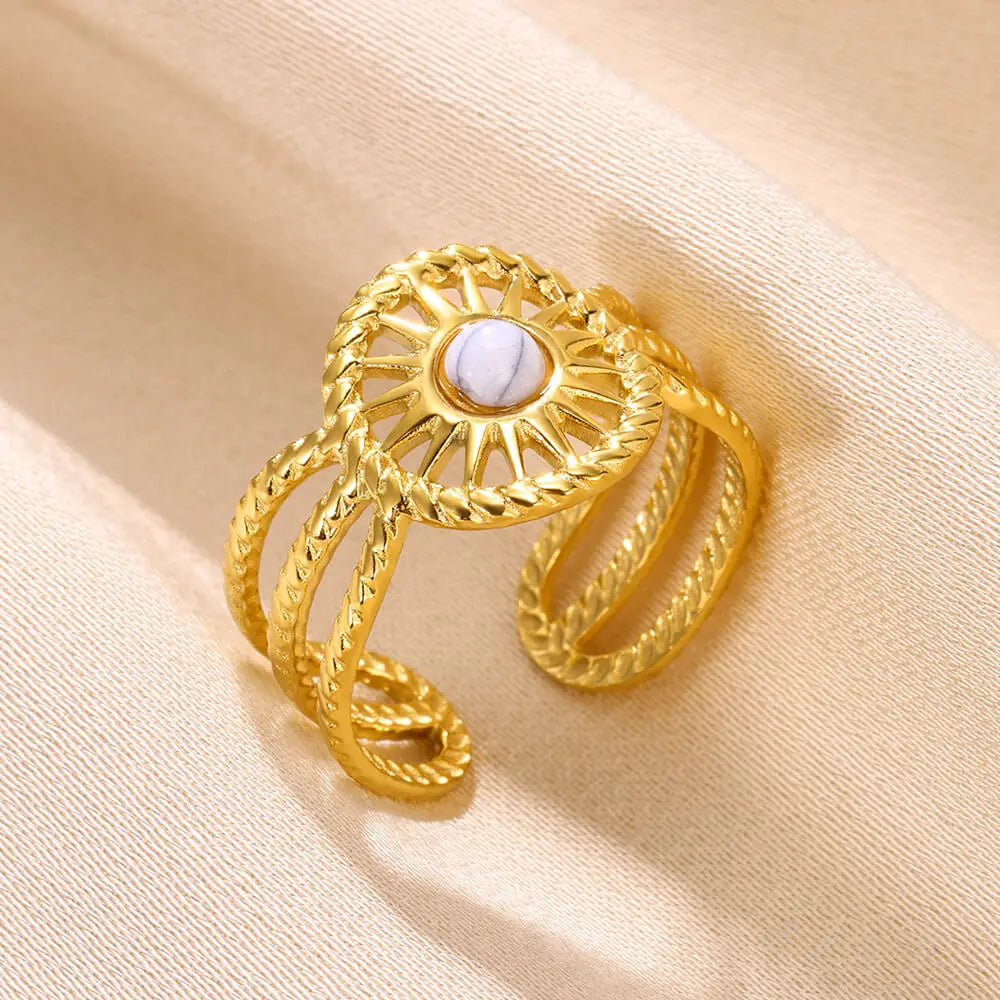 Round Sun Natural Stone Hollow Rings For Women Trendy Aesthetic Classic Gold Color Ring Vintage Stainless Steel Jewelry Gift New