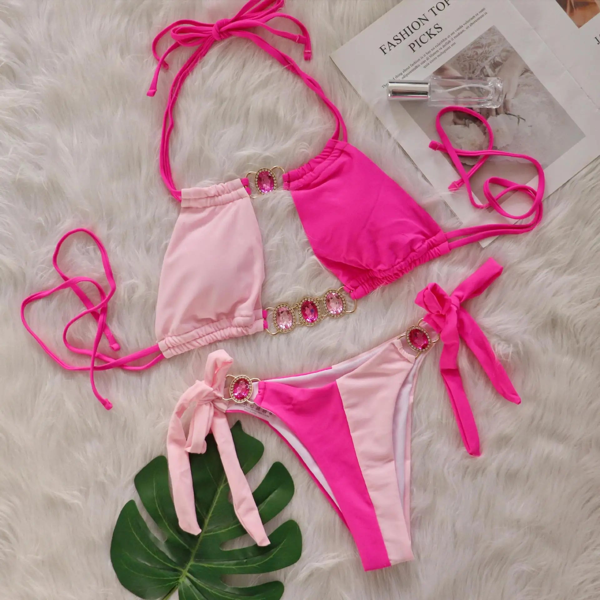 Pink Sexy Bikinis Swimsuit With Rhinestones Women Swimwear Female Push Up Bikini Beach Swim Wear Bathing Suits Pool Bather 2024