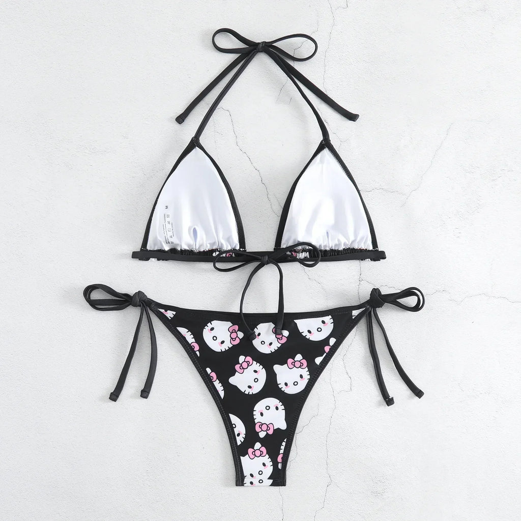 Hello Kitty Bikinis Set Kawaii Y2K Summer 2024 New Women Swimsuit Beach Strappy Panties Sexy Swimwear for Girl