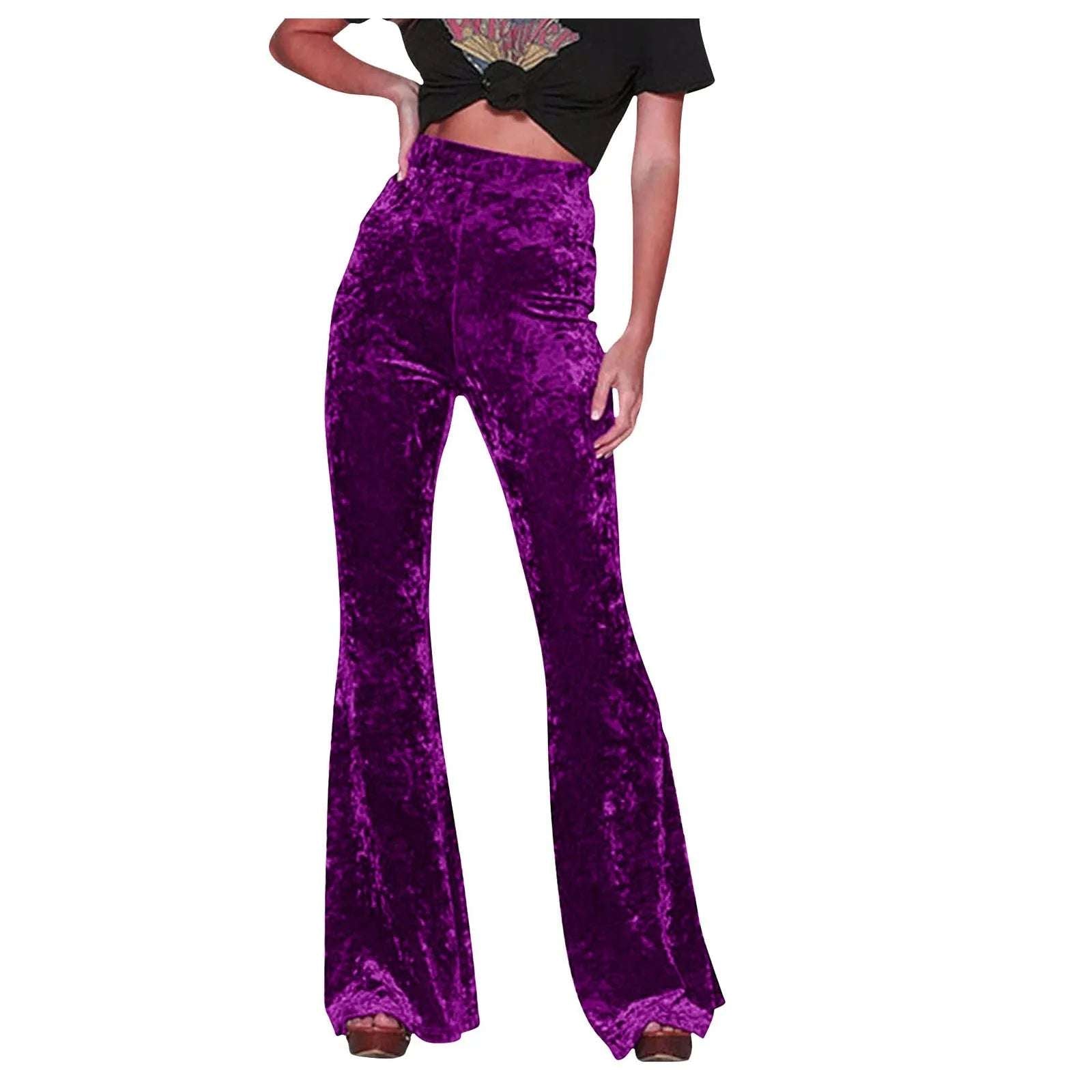 Women Golden Velvet Flare Pants Vintage High Waist Pants Solid Color Pocket Straight Trousers Autumn Street Party Dance Wear