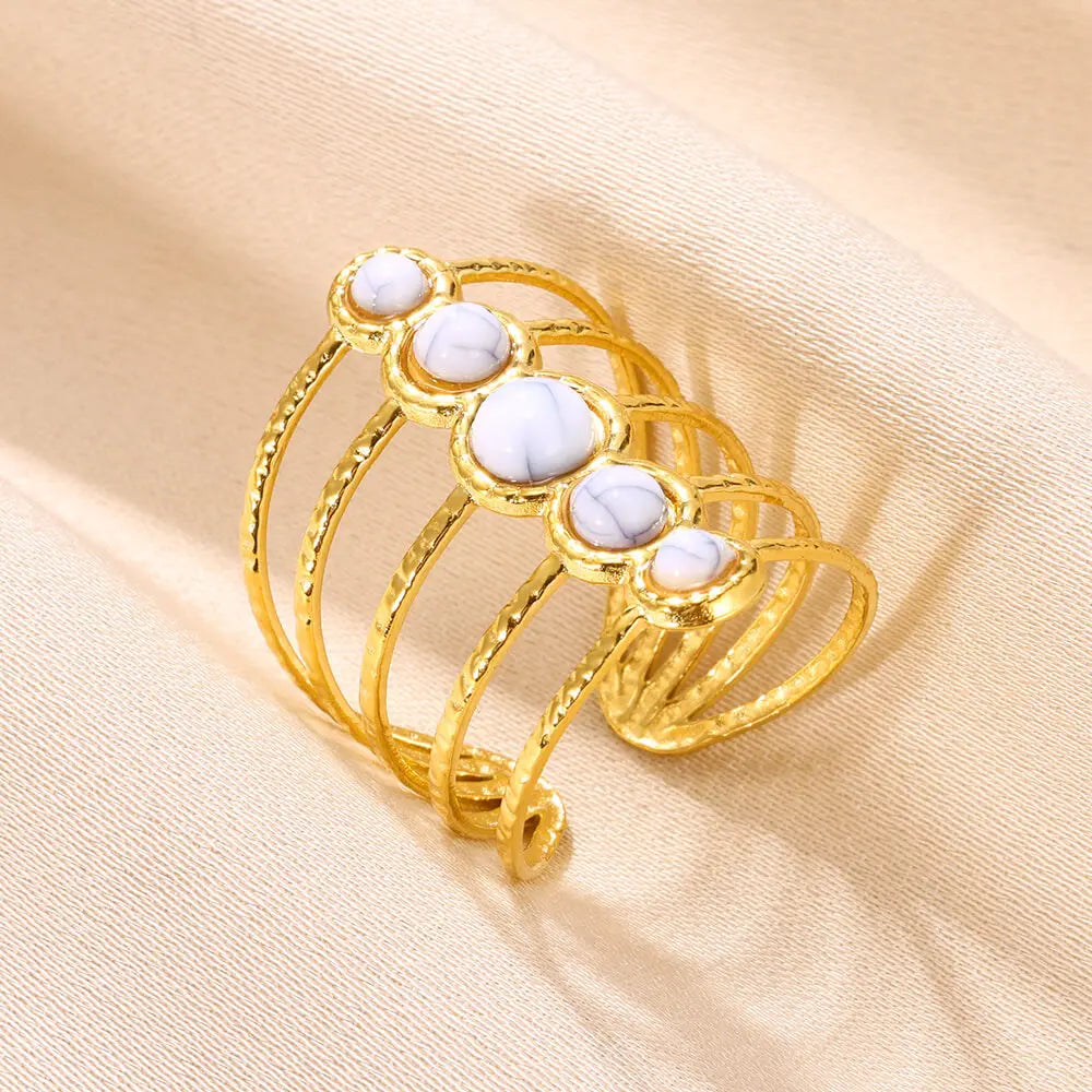 Round Sun Natural Stone Hollow Rings For Women Trendy Aesthetic Classic Gold Color Ring Vintage Stainless Steel Jewelry Gift New