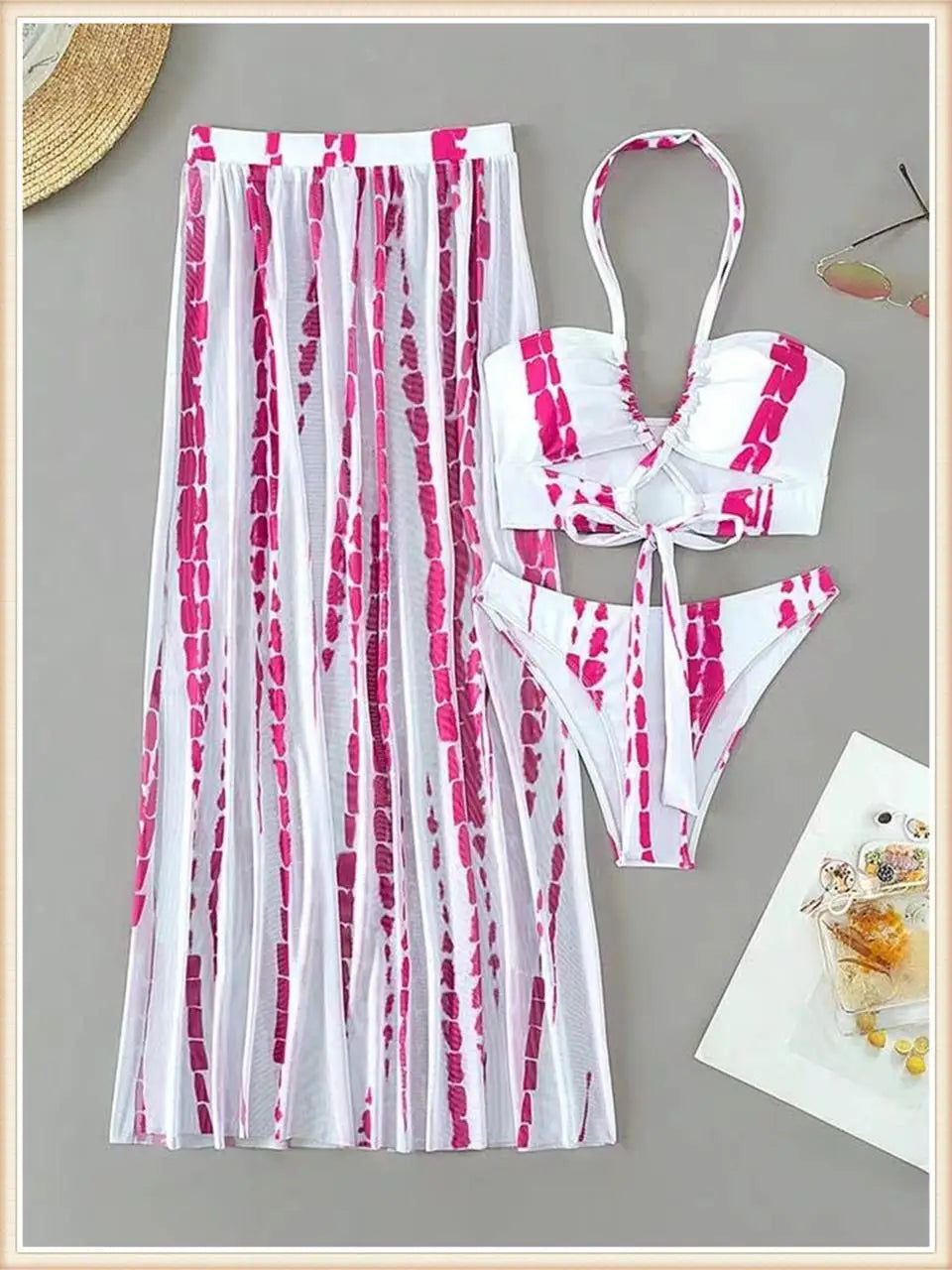 3 Pieces Tie Dye Cross Bikini 2025 Women Sexy Halter Swimsuit & Cover Up Pants Swimwear Bathers Bathing Swimming Suit Beachwear