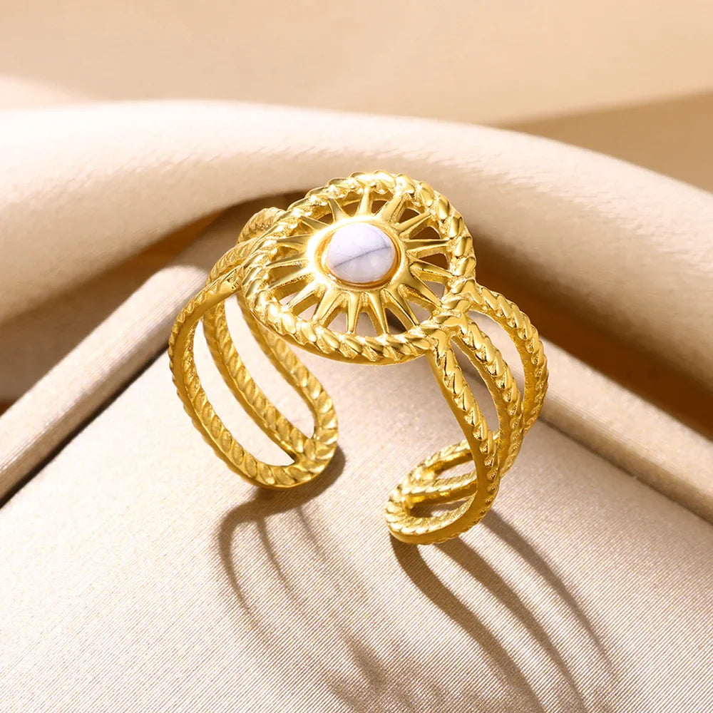 Round Sun Natural Stone Hollow Rings For Women Trendy Aesthetic Classic Gold Color Ring Vintage Stainless Steel Jewelry Gift New