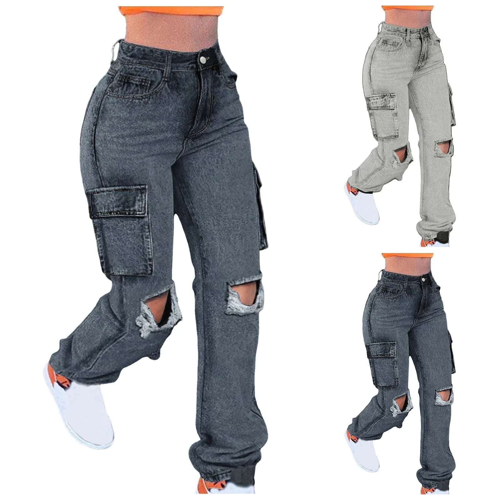 Women'S Jeans New Trendy Fall Wholesale Casual Washed Baggy Pocket Cargo Straight Trousers Jeans Ladies Streetwear Black Denim