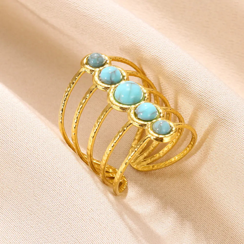 Round Sun Natural Stone Hollow Rings For Women Trendy Aesthetic Classic Gold Color Ring Vintage Stainless Steel Jewelry Gift New