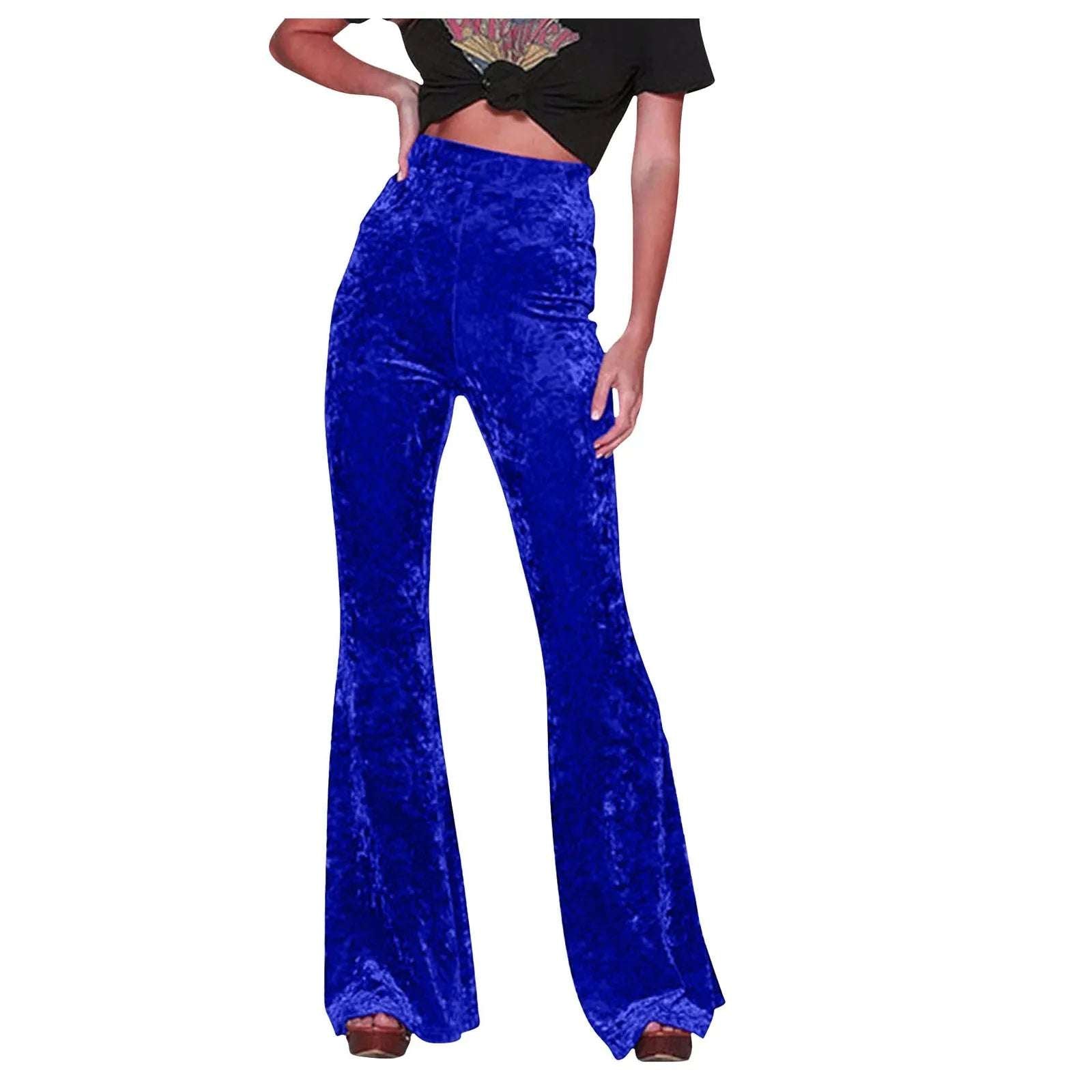 Women Golden Velvet Flare Pants Vintage High Waist Pants Solid Color Pocket Straight Trousers Autumn Street Party Dance Wear