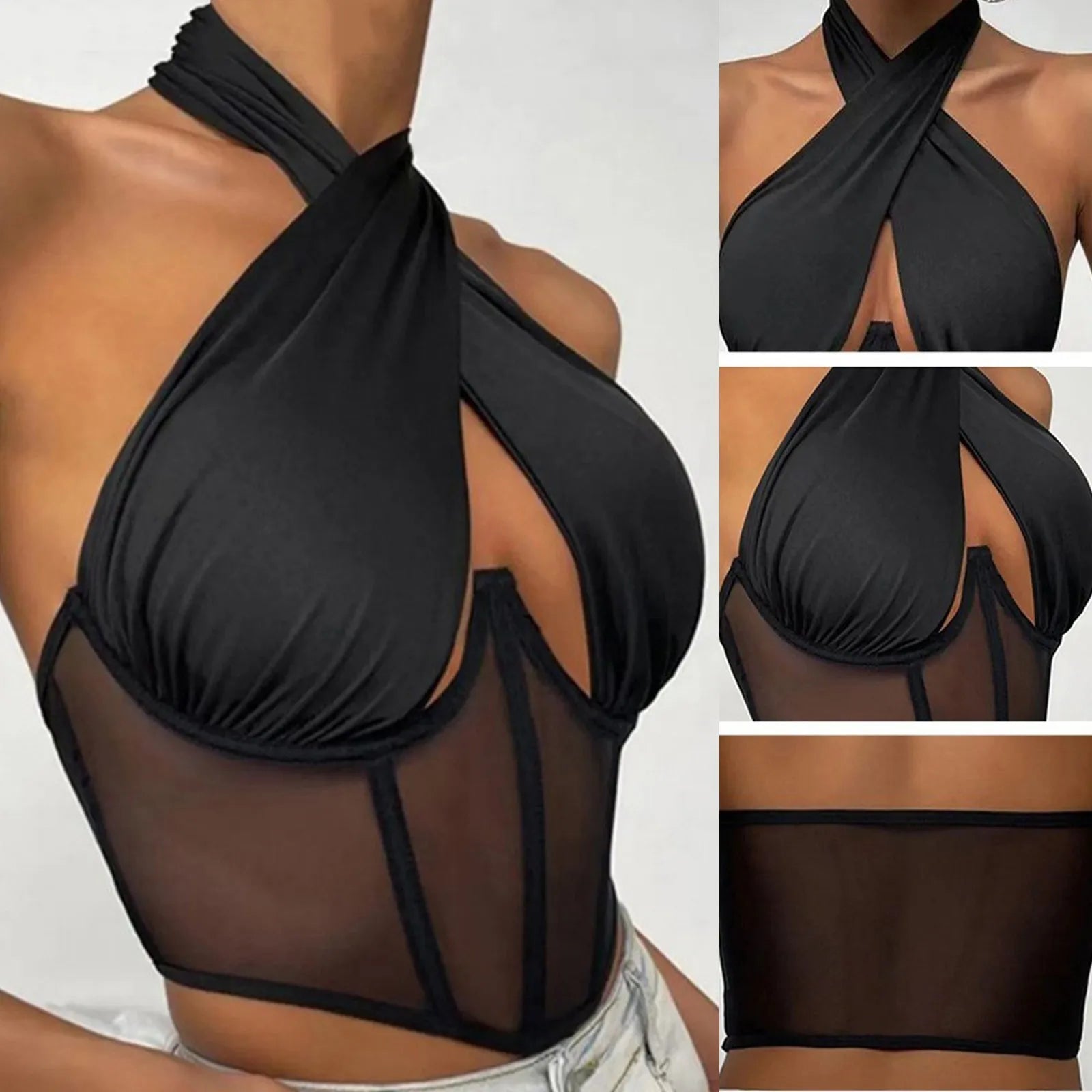 Women Sleeveless Fishbone Corset Vest Solid Hollow Out Cropped Top Summer Halter Backless Sexy Tops Y2k Camis Ropa De Mujer