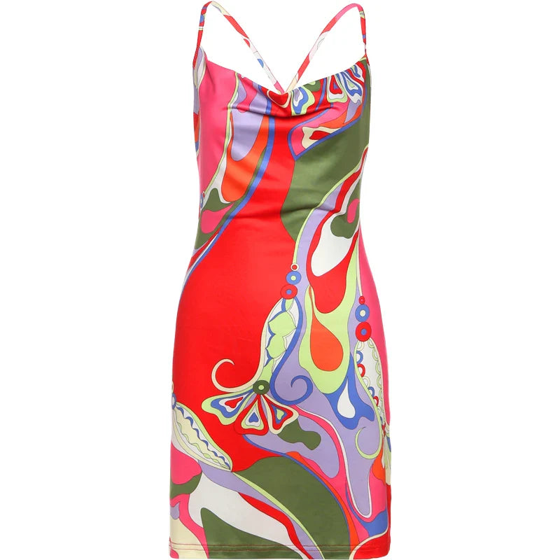 Weird Puss Colorful Print Dress Women Backless Sleeveless Tight Summer Midnight Sexy Peach Hip Hottie Club Trend Hipster Bodycon