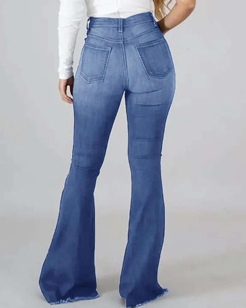 Denim Womens Pants High-stretch Ripped Jeans High-waisted Flared Trousers for Women