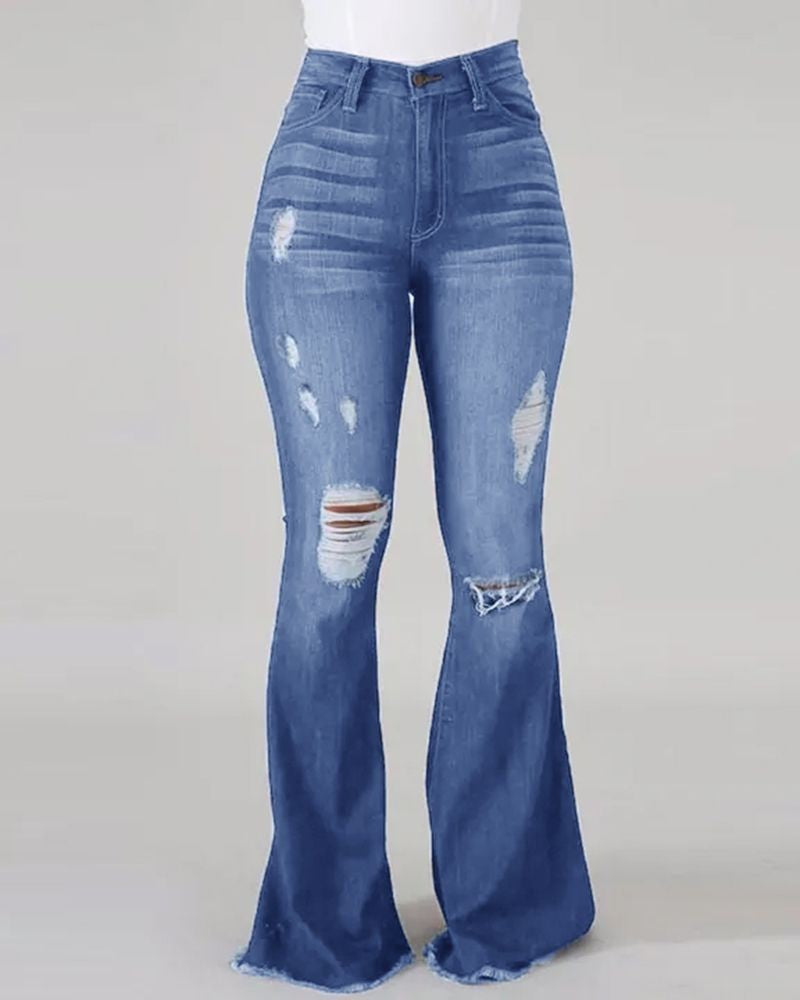 Denim Womens Pants High-stretch Ripped Jeans High-waisted Flared Trousers for Women