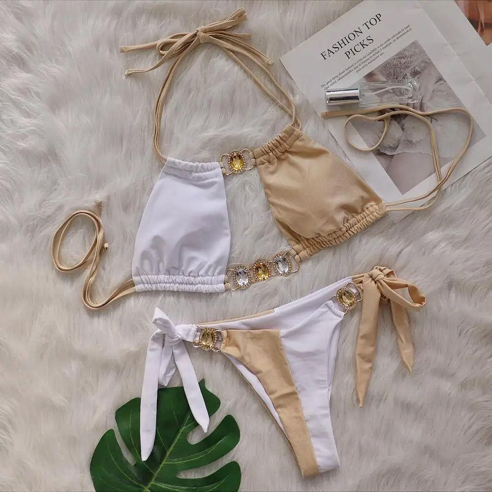 Pink Sexy Bikinis Swimsuit With Rhinestones Women Swimwear Female Push Up Bikini Beach Swim Wear Bathing Suits Pool Bather 2024
