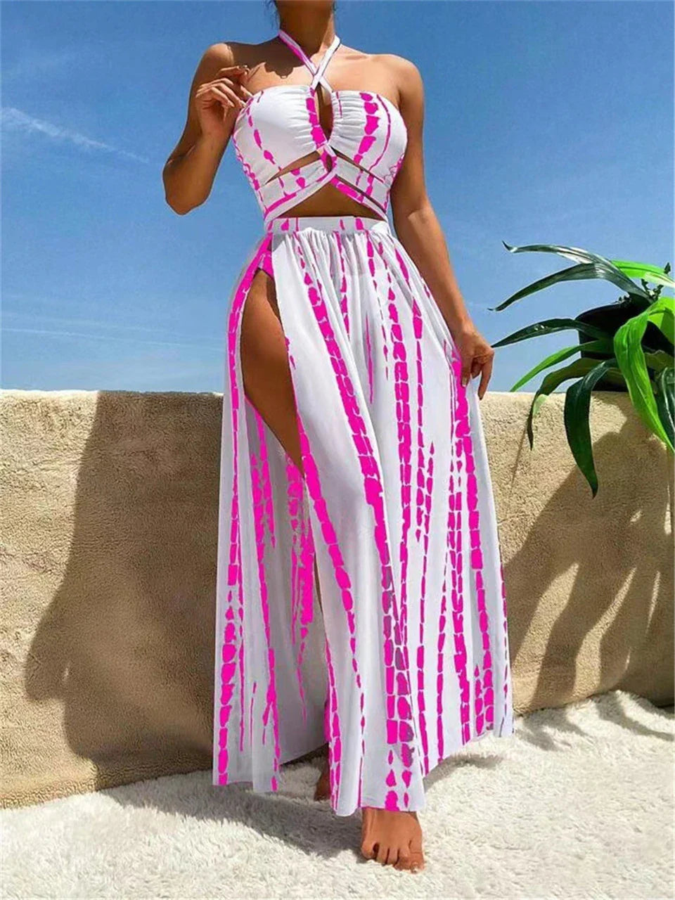 3 Pieces Tie Dye Cross Bikini 2025 Women Sexy Halter Swimsuit & Cover Up Pants Swimwear Bathers Bathing Swimming Suit Beachwear