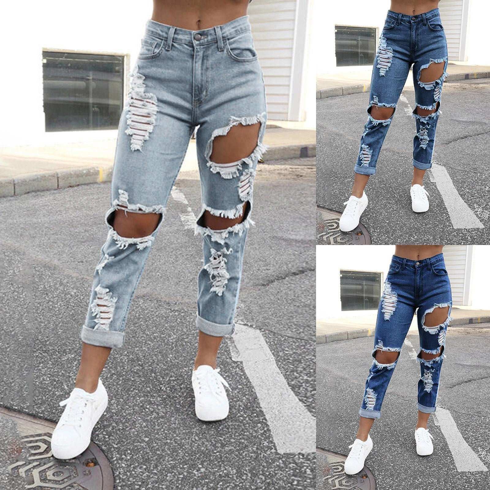 Hole Denim Women'S Jeans Buttocks Ripped Jeans Street Style Vertical Tube Denim Pants Frayed Tassel Ripped Jeans Japanese