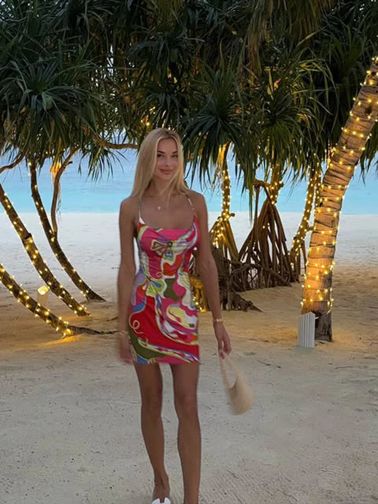 Weird Puss Colorful Print Dress Women Backless Sleeveless Tight Summer Midnight Sexy Peach Hip Hottie Club Trend Hipster Bodycon
