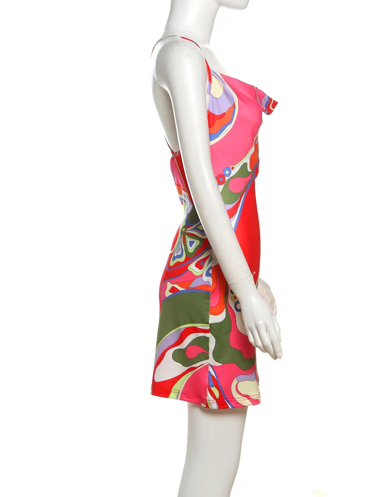 Weird Puss Colorful Print Dress Women Backless Sleeveless Tight Summer Midnight Sexy Peach Hip Hottie Club Trend Hipster Bodycon