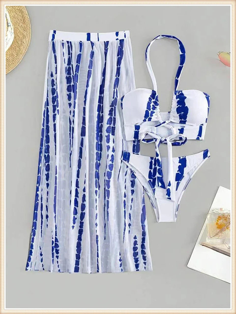 3 Pieces Tie Dye Cross Bikini 2025 Women Sexy Halter Swimsuit & Cover Up Pants Swimwear Bathers Bathing Swimming Suit Beachwear