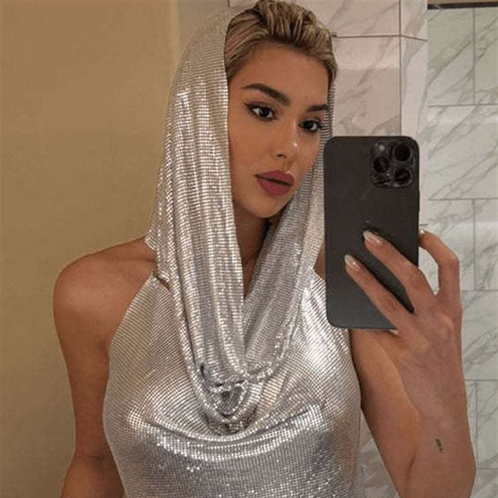 Back Slit Metal Sequins Top Scarf Two-piece Set