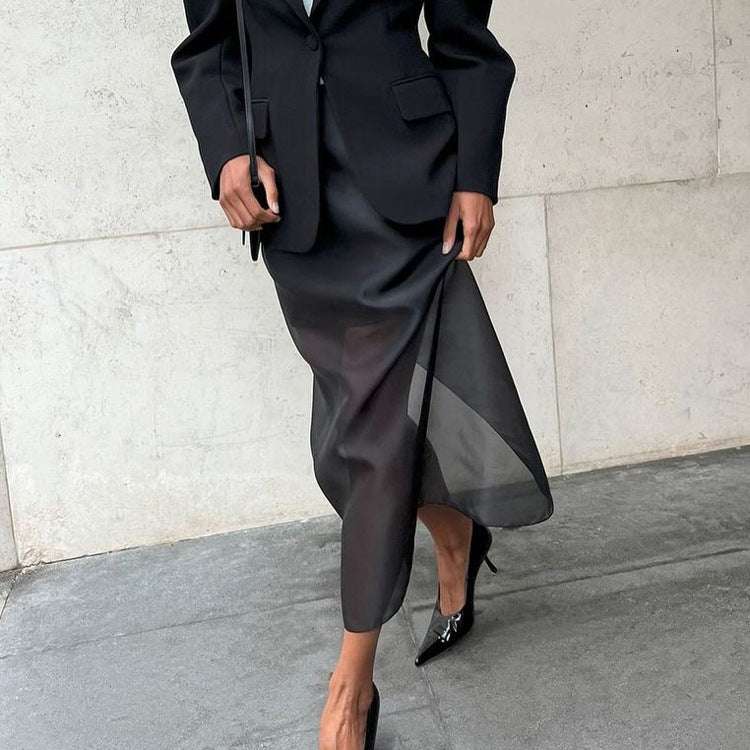 Black Mesh See-through High Waist Slit Sheath Skirt