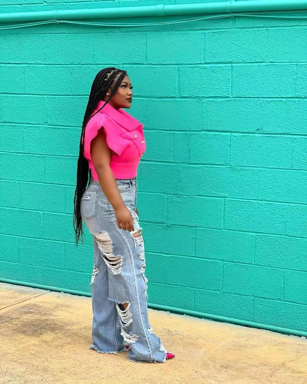 Jeans Women Long Pants Elegant Splice Denim Pant Slim Fit Sexy Hole High Waist Button Pocket Straight Trousers Summer 2024