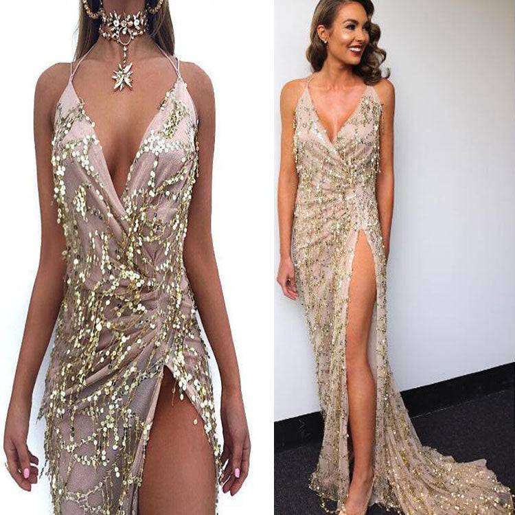 V-neck Sexy Halter Strap Sequin Dress