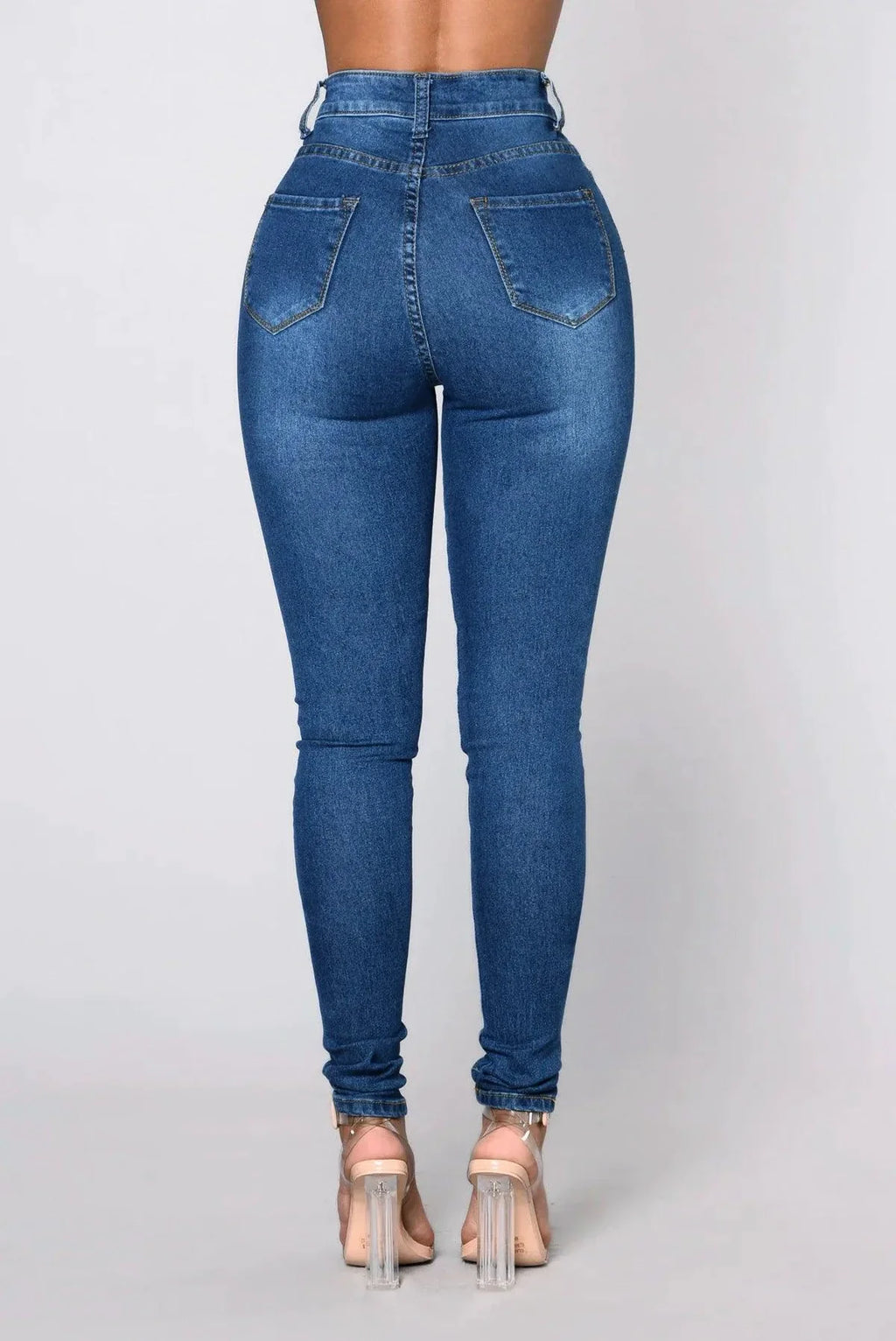 Women High Waist Stretch Hip Lift Denim Skinny Pants Jeans Full Length Sexy Slim Bleachded Solid Color Pants